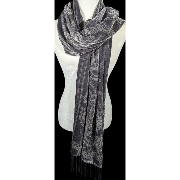 Style & Co Grey Gothic Floral Velvet Burnout Scarf With Fringe - Picture 1 of 11
